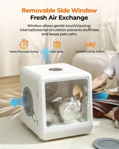 Vista 3 de Caja secadora automática de mascotas de 70 litros para gatos y perros pequeños (hasta 28 libras) - flujo de aire suave de 6 lados, 4 modos rápidos