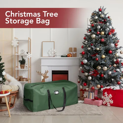 Vista 5 de Bolsa de Almacenamiento de Navidad de Servicio Pesado que se Adapta a Árboles Artificiales de hasta 7.5 pies de Altura, Impermeable con Asas Verde