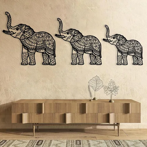 Vista 3 de Juego de 3 arte de pared de metal de elefante, arte de pared de metal de elefante, decoración de pared de metal con mandala, diseño de arte de metal
