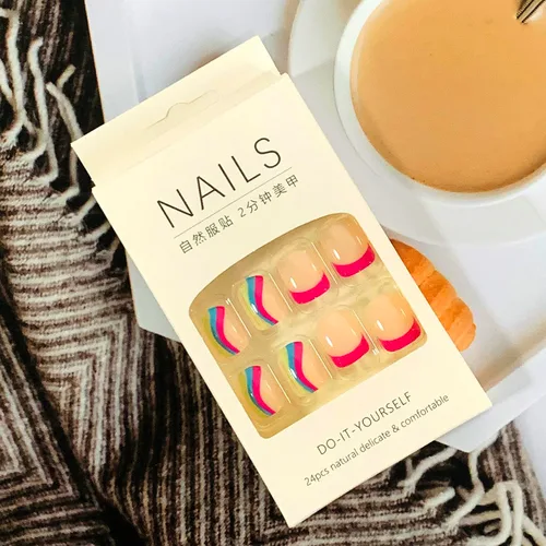 Vista 6 de Uñas postizas a presión de longitud corta, 24 piezas de cobertura completa, reutilizables, brillantes, uñas postizas con pegamento, uñas postizas