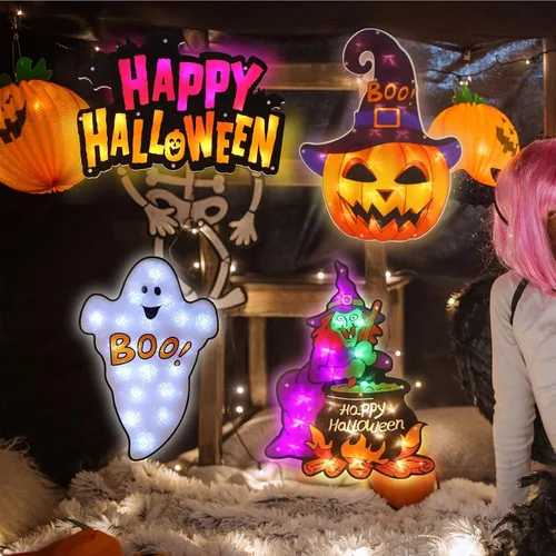 Vista 3 de LAMPHOME Paquete de 4 fantasmas iluminados con LED, letrero de Happy Halloween, bruja, Jack-O-Lantern de Halloween, decoración de ventana iluminada