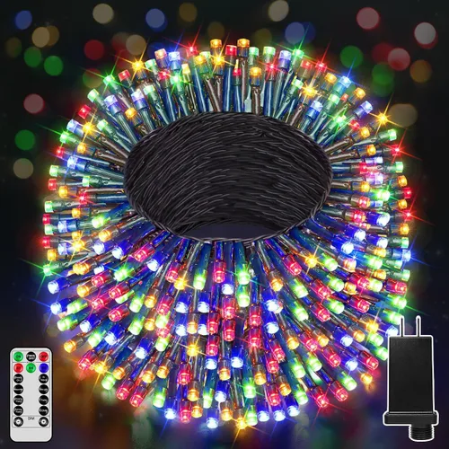 Vista 9 de 300 luces LED de Navidad de 98 pies para exteriores, luces multicolor para árbol de Navidad enchufables, 8 modos de luz parpadeante para dormitorio