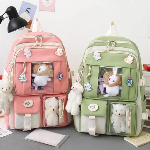 Vista 4 de Kawaii Juego de 5 mochilas kawaii con insignia y colgante de felpa bolsa de hombro caja de lápices bolsa de mano bolsa pequeña Arroz Verde