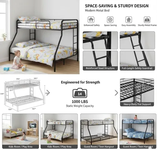 Vista 4 de Litera individual sobre matrimonial, litera de metal con escaleras, protector de seguridad, sin ruido para dormitorio pequeño, color negro