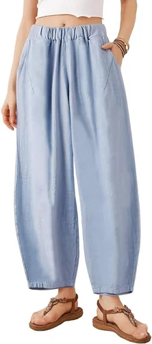 Vista 20 de Pantalones de lino y algodón holgados para mujer, con cintura elástica para relajarse. Pantalones estilo harén Verde militar