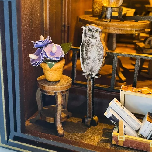 Vista 6 de Kit de rincón de libros de bricolaje – Rompecabezas de madera 3D en miniatura con luz LED – Regalo creativo y decoración de estantería