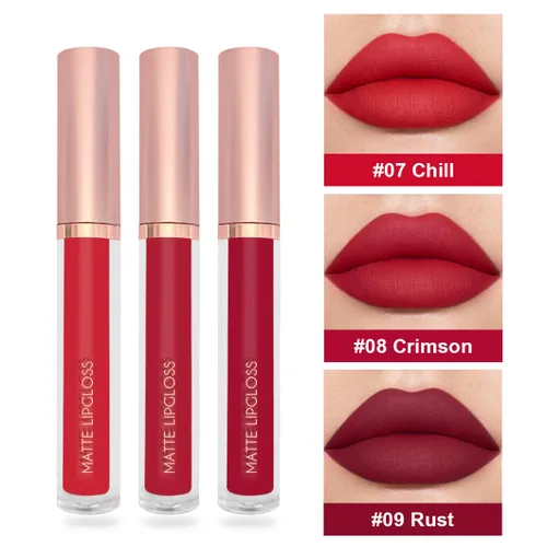 Vista 2 de BestLand Juego de 3 lápices labiales líquidos rojos atrevidos, seductores, brillo de labios mate de larga duración, impermeable, alto pigmento a