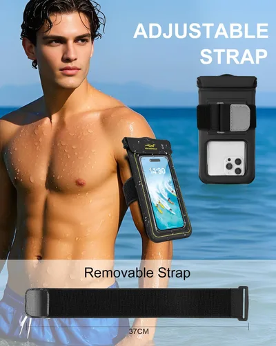 Vista 5 de Funda impermeable 2 en 1 para teléfono y brazalete para teléfono, funda impermeable subacuática para teléfono con correa desmontable, bolsas