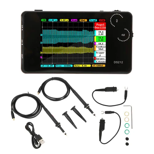 Vista 2 de DS212 Mini osciloscopio portátil de almacenamiento digital Osciloscopio de bolsillo Osciloscopio de 2 canales con interfaz USB para reparación