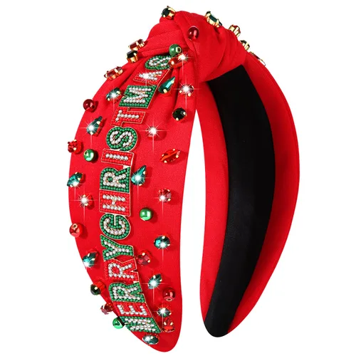 Vista 43 de Diadema de Navidad para mujer, accesorios de Navidad con cuentas, arco de Navidad, árbol, copo de nieve, diadema anudada HOHOHO, rojo y verde, perla