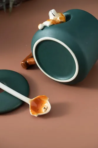 Vista 6 de DIHOclub Taza de café de cerámica con tapa y cuchara a juego, taza con patrón 3D Golden Retriever para té, leche y chocolate, bonita taza