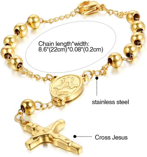 Vista 2 de Cupimatch Religious Stainless Steel Beaded Rosary Cross Charm Bracelet for Men Women 8.6", Gold