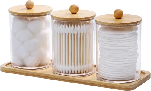 Vista 8 de Tbestmax - Soporte Qtip con bandeja de tocador, dispensador de recipientes de baño transparentes para almacenamiento, soporte para hisopos