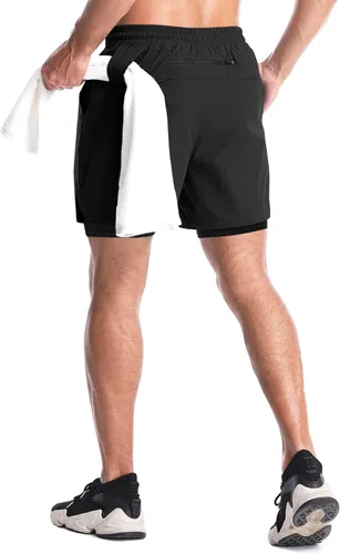 Vista 4 de Aolesy Pantalones cortos de correr 2 en 1 para hombre, pantalones cortos de entrenamiento de 5 pulgadas, pantalones cortos deportivos para hombre
