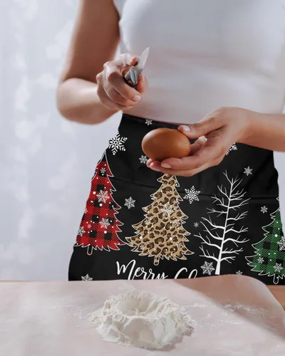 Vista 2 de PIEPLE Delantal de camarera de árbol de Navidad con 3 bolsillos, delantales de media cintura para camarero, delantales de chef para mujeres