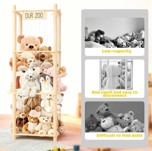 Vista 6 de Organizador de exhibición de animales de peluche con estante, diseño de jaula de zoológico de madera para almacenamiento grande de juguetes