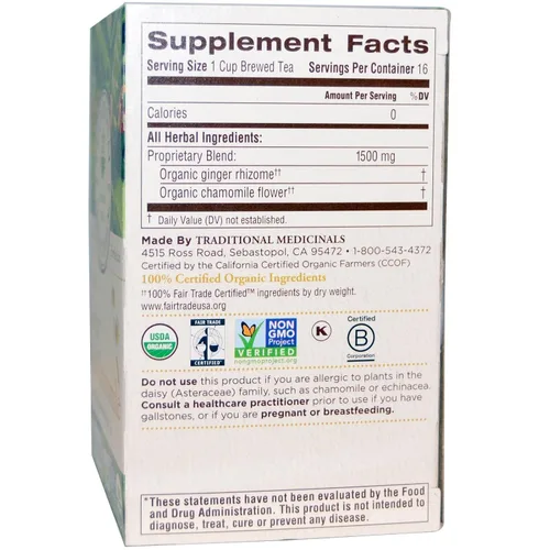 Vista 2 de Traditional Medicinals Té de hierbas orgánico de jengibre y manzanilla, alivia la indigestión ocasional o las náuseas, (paquete de 1) – 16 bolsas
