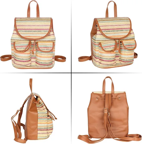 Vista 6 de Meyaus Mochila de paja hecha a mano para mujer, con solapa, cordón y cordón, Marrón claro, Mochilas Daypack