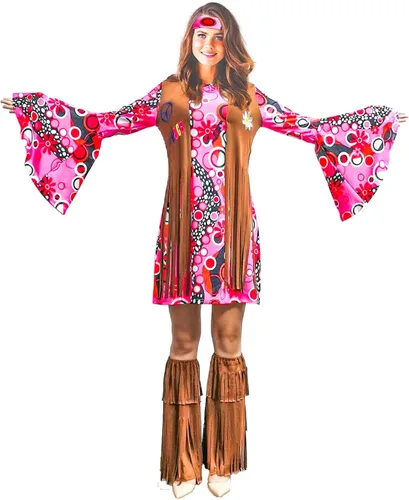 Vista 2 de ATAMET Disfraz hippie de los años 60 y 70 para mujer ropa hippy vestido de discoteca para adultos disfraz de fiesta de los años 70