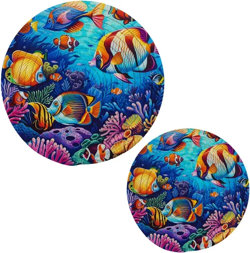 Vista 8 de Naanle Juego de 2 salvamanteles tejidos para ollas, 4 de julio, bandera de Estados Unidos, estrellas florales azules, manteles individuales redondos