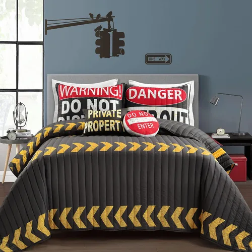 Vista 9 de Lush Decor Highway - Juego de edredón reversible tamaño Queen de 5 piezas, tamaño matrimonial/queen, carbón y amarillo, juego de ropa de cama