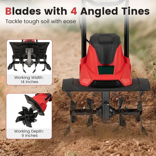 Vista 2 de Goplus Cultivador eléctrico con cable, 10 amperios potente rotiler plegable de jardín con ancho de labranza de 14 pulgadas y profundidad de trabajo
