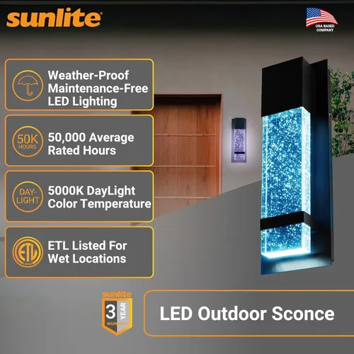 Vista 2 de Sunlite Aplique de pared LED, marco de metal negro con panel de vidrio efecto gota de lluvia, 4.75 pulgadas de ancho, luz diurna de 5000 K