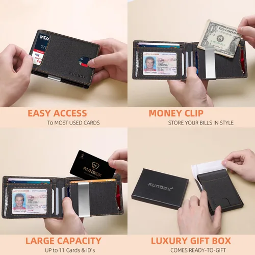 Vista 44 de RUNBOX - Carteras delgadas para hombre, cartera de piel con pinza para el dinero, cartera de bolsillo frontal con bloqueo RFID, tarjetero