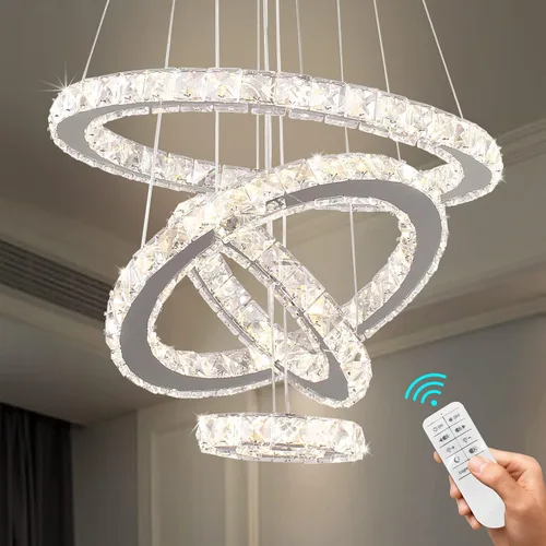 Vista 9 de Candelabros de cristal modernos con anillos LED, luz colgante ajustable, lámpara de techo de acero inoxidable para sala de estar, comedor y Blanco
