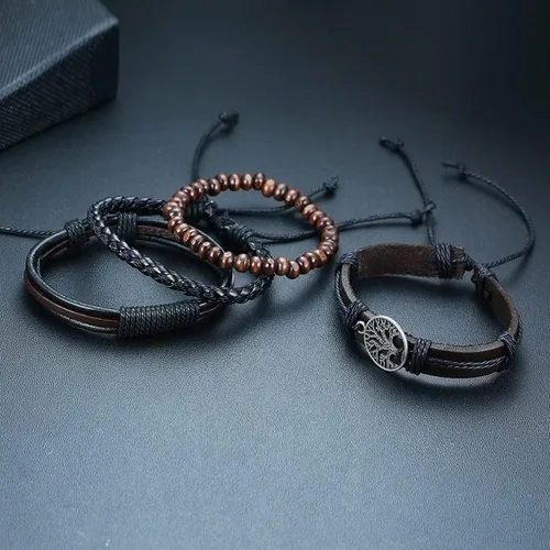 Vista 2 de JAVMOO Gothic Bracelet Adjustable Punk Braided Leather Multilayer Grunge Set Bracelets Emo Metal Cuff Wrap Bangles Meaningful Jewelry Gifts for Man