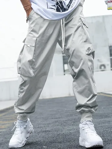 Vista 4 de ZAFUL Pantalones cargo Techwear con cordón para hombre con bolsillos con solapa, atléticos y elásticos, pantalones casuales y pantalones deportivos