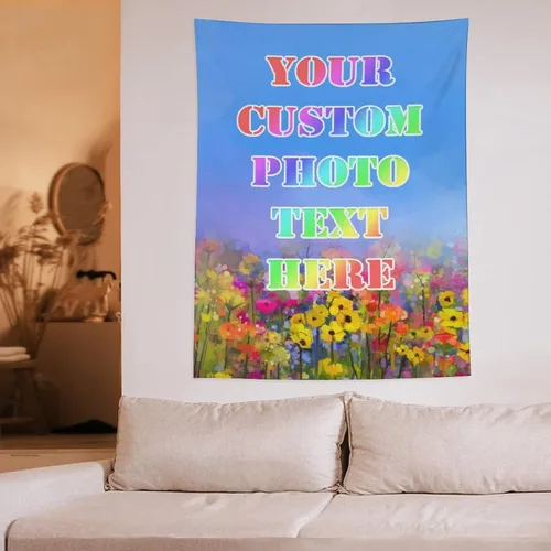 Vista 7 de Tapiz personalizado para cargar imágenes con fotos y textos, tapiz personalizado para colgar en la pared, manta de telón de fondo para decoración