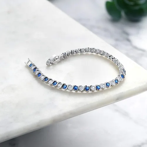 Vista 5 de Gem Stone King Impresionante pulsera de tenis redonda de lujo con circonita cúbica blanca brillante y zafiro azul simulado para mujer, joyería