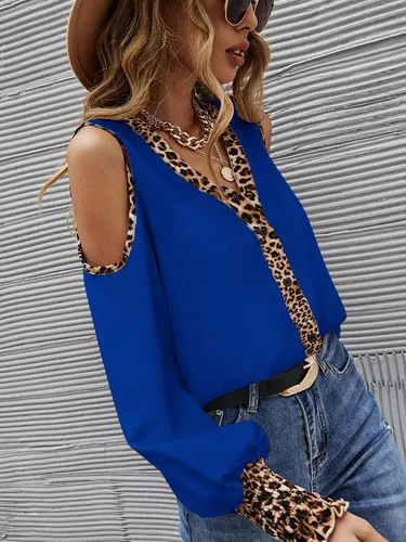 Vista 4 de Romwe Blusa de manga abombada con cuello en V y hombros descubiertos para mujer