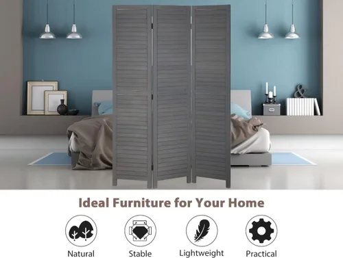 Vista 6 de Divisor de habitación de 3 paneles, pantalla de privacidad plegable de 67 pulgadas de alto con paneles de madera con rejillas, partición Gris