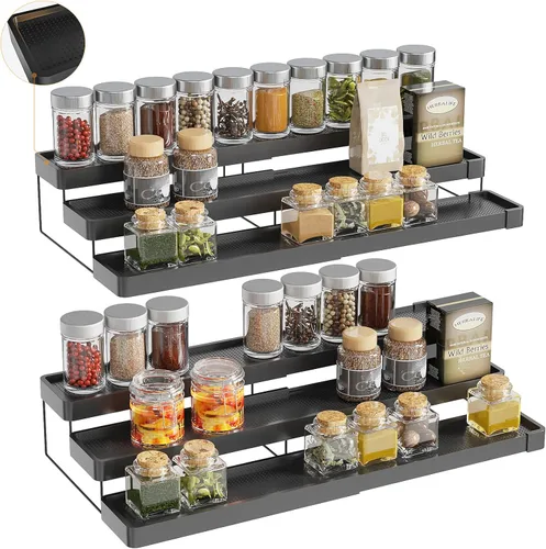 Vista 12 de Organizador de especias expandible – Organizador de especias ajustable de 3 niveles para gabinete y encimera – Fácil visibilidad – Negro