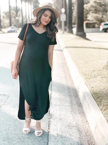 Vista 4 de GRECERELLE - Vestido largo para mujer, estilo holgado con bolsillos, manga corta y abertura lateral