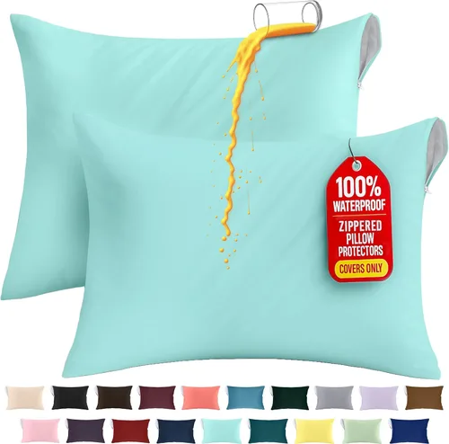 Vista 23 de Utopia Bedding Protector de almohada impermeable, con cremallera, paquete de 2, beige, estándar, funda de almohada a prueba de chinches, de 20 x 26