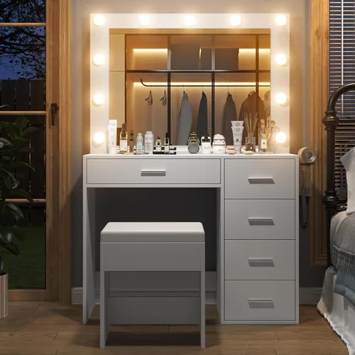 Vista 4 de FUSOU Escritorio de tocador de 37 pulgadas con espejo y luces LED, tocador de maquillaje con toma de corriente y USB, 3 modos de iluminación