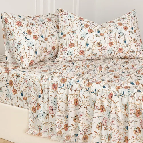 Vista 28 de Zusbest Juego de sábanas florales de 100 % algodón percal, color naranja y amarillo, juego de sábanas suaves y transpirables con diseño botánico