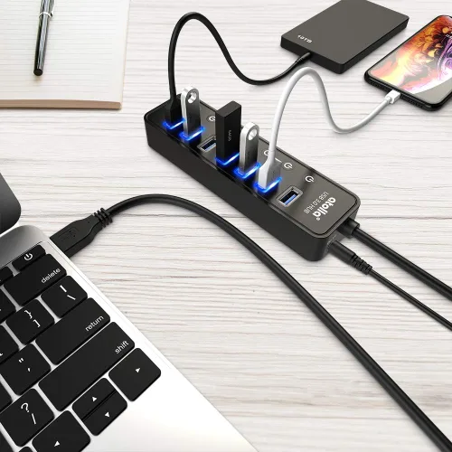 Vista 5 de Hub USB 3.0 alimentado, divisor de concentrador de datos USB de 7 puertos Atolla con un puerto de carga inteligente e interruptores individuales