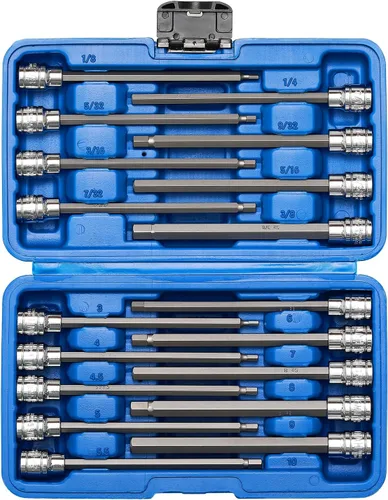 Vista 8 de EMENTOL 10 piezas 3/8" impulsor juego de vasos largos con punta hexagonal, CR-V, acero S2, SAE, longitud 5.9 pulgadas, juego de vasos hexagonales