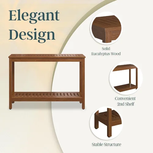 Vista 5 de DTY Outdoor Living Mesa consola de madera de eucalipto, dos estantes para exteriores, acabado marrón resistente a la intemperie