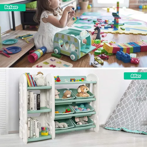 Vista 7 de Costzon Organizador de almacenamiento de juguetes, estante de juguetes de 4 niveles con 6 contenedores de plástico extraíbles para libros