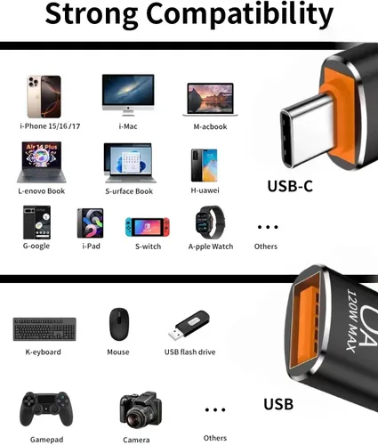 Vista 8 de BOMIE Adaptador USB C a USB, paquete de 10 unidades, 6A 120 W, carga rápida, transferencia de datos de 10 Gbps, USB C macho a USB 3.2 hembra OTG