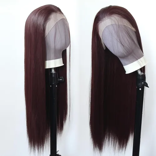 Vista 7 de 99J Peluca larga y lisa 99J color borgoña sintética con encaje frontal, predesfilada con línea de cabello natural para mujeres de moda, cabello