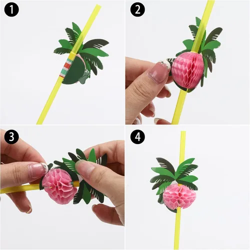 Vista 3 de 100 unidades de pajitas de árbol de coco, pajitas desechables de plástico en forma de panal, suministros para decoración de fiesta tropical hawaiana