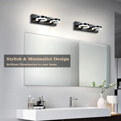 Vista 7 de Lámparas LED de baño, luces negras de tocador de 15 pulgadas, modernos apliques de pared acrílicos de 2 luces, accesorio de iluminación de pared