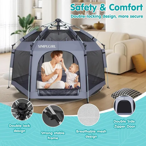 Vista 8 de Corralito para bebés de alta calidad para puerta y exterior, portátil, ligero, paquete desplegable y patio de juegos con toldo y bolsa de viaje, Gris