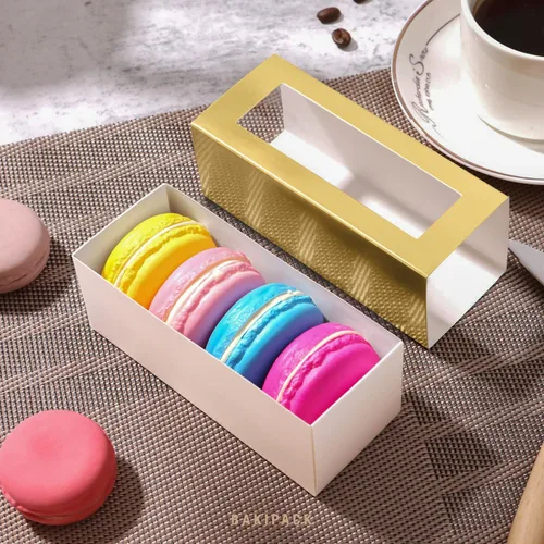 Vista 3 de 30 cajas de macarons para 4 o 5 macarons, cajas de regalo doradas para macarons, cajas de dulces, caja de macarons con ventana transparente